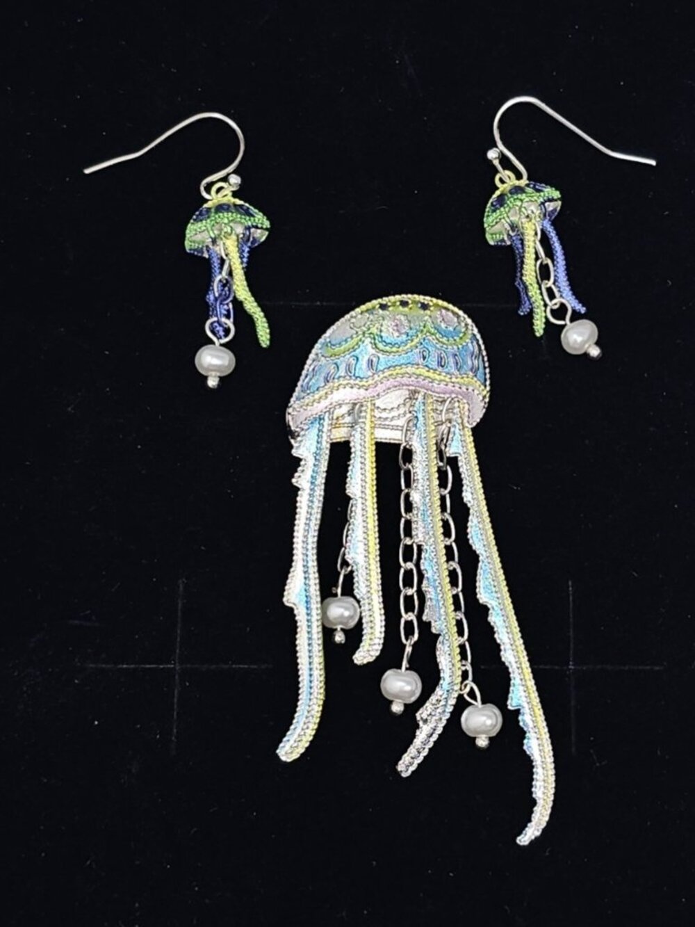 Cloisonné Jellyfish Dangling Jewelry Set Brooch Earrings Faux Pearls Blue New